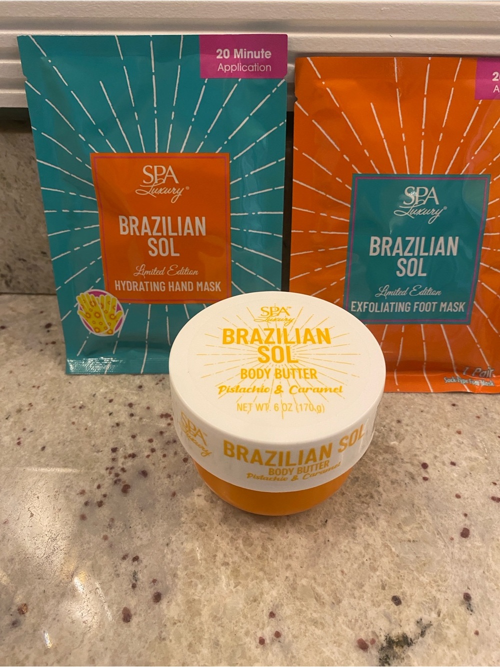 Brazilian Sol 3 pc set - Pistachio & Caramel Body Butter, hand & foot masks NWT